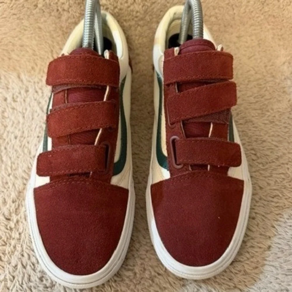 Vans Old Skool V Burgundy Cream Green Suede Canvas Triple Strap Womens Size 7.5